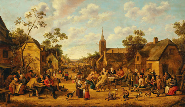 A village scene with peasants feasting and conversing