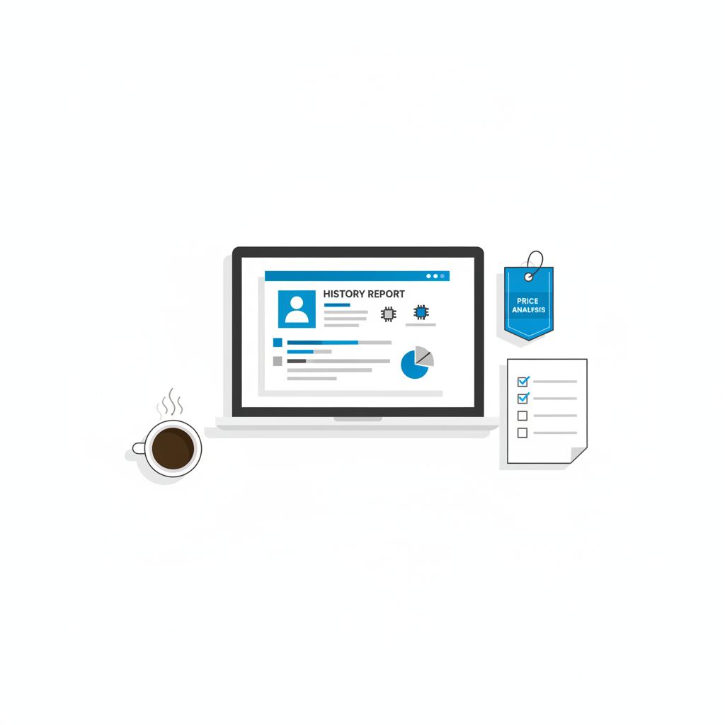 Minimalist 2D vector of a dealer desk with laptop showing a vehicle history visualization a price analysis badge a printed checklist and a coffee cup representing used lexus for sale
