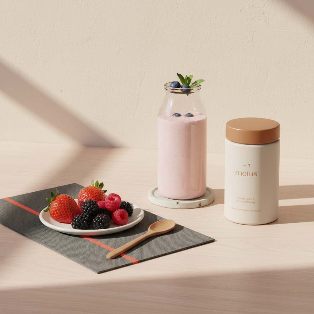 Is it OK to drink protein everyday — minimalist breakfast nook with Tonum Motus jar beside a clear protein shake bottle, plate of mixed berries and a wooden spoon on a light wooden table.