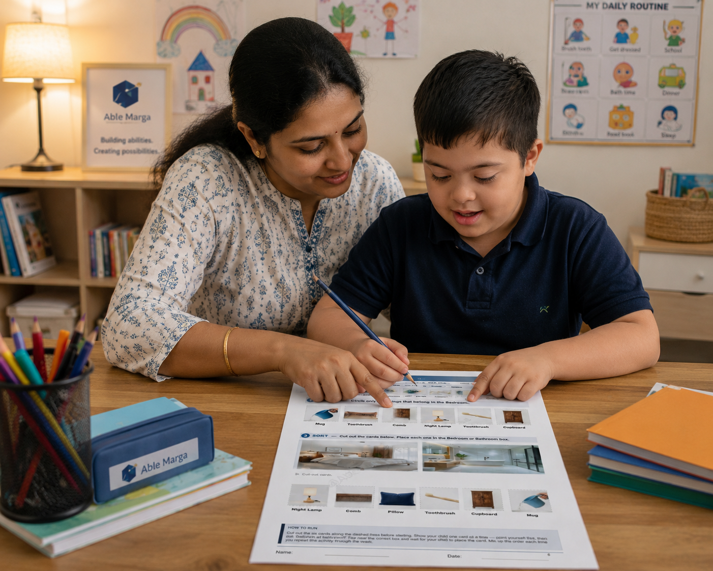 Caregiver supporting a child with Down syndrome while using an Able Marga printable learning activity
