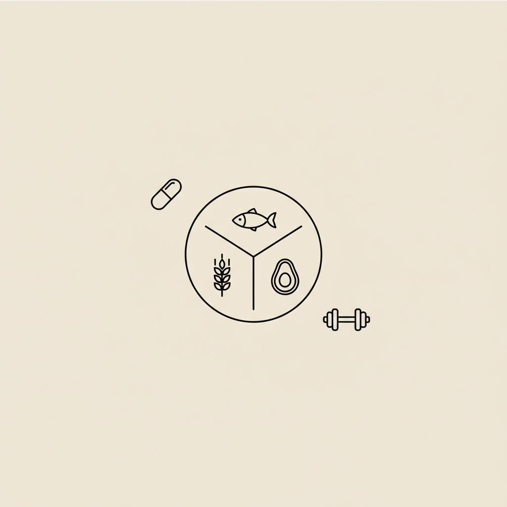 Minimal Tonum-style vector plate divided into protein, carbs and fats with small dumbbell and capsule, illustrating 70/30 rule gym on beige background #F2E5D5
