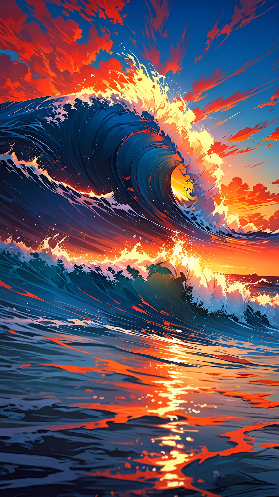 Stylized Ocean Wave Crashing at Fiery Sunset - Free 4K mobile Wallpaper