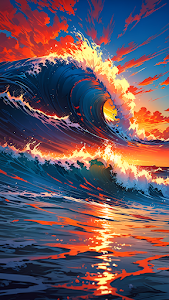Stylized Ocean Wave Crashing at Fiery Sunset