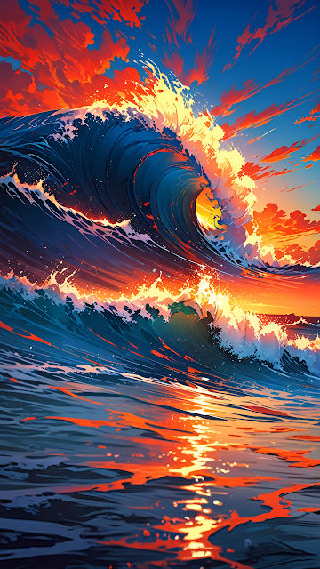 Stylized Ocean Wave Crashing at Fiery Sunset