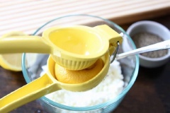 Cho vào tô 100ml sữa chua, 50g phô mai, vắt vào 1/2 trái chanh rồi trộn đều lên.