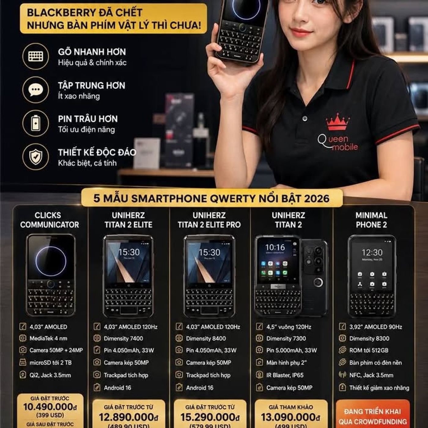 Điện thoại bàn phím QWERTY trở lại năm 2026, Clicks Communicator, Unihertz Titan 2 Elite và Minimal Phone 2 đang hồi sinh trải nghiệm BlackBerry