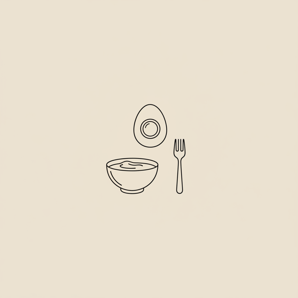 Minimal Tonum-style line illustration of an egg, small bowl of yogurt, and fork arranged in a triangle on beige background — how much protein in eggs