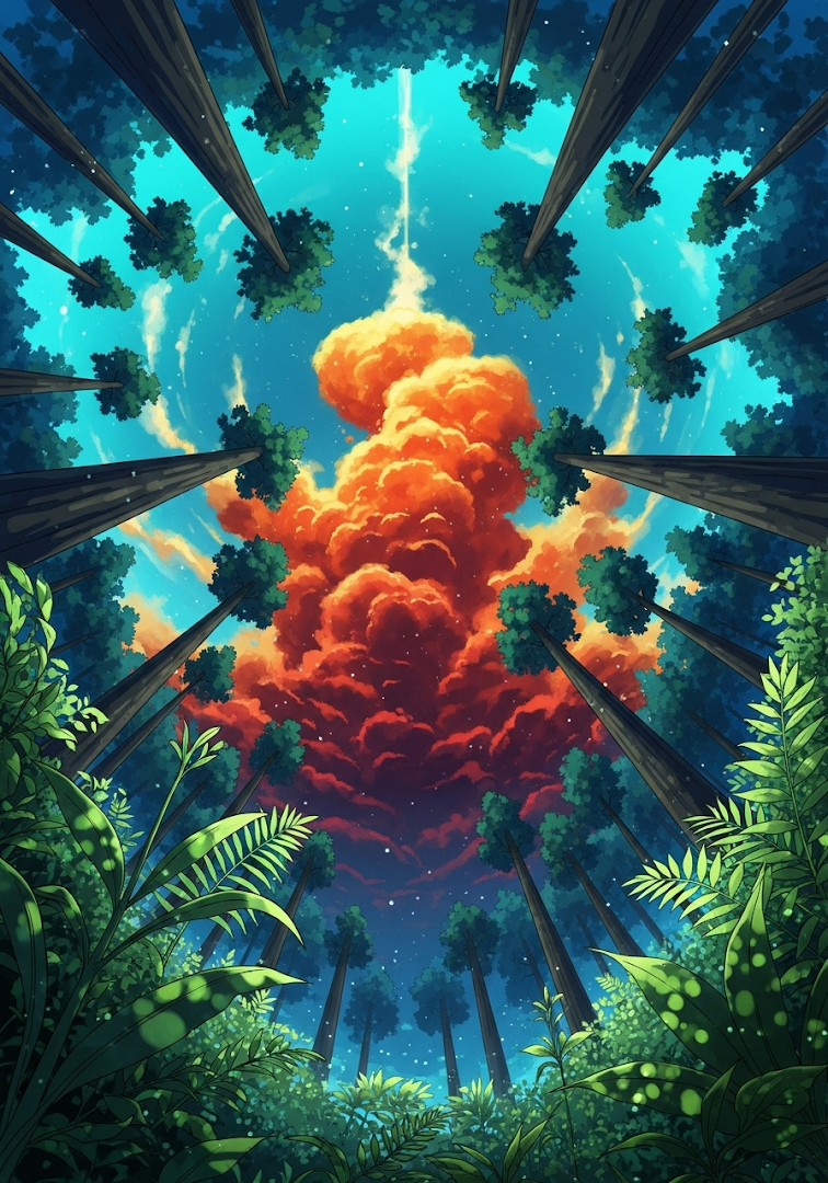 Vibrant Forest Canopy Upward View Colorful Sky Anime