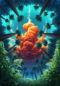 Vibrant Forest Canopy Upward View Colorful Sky Anime