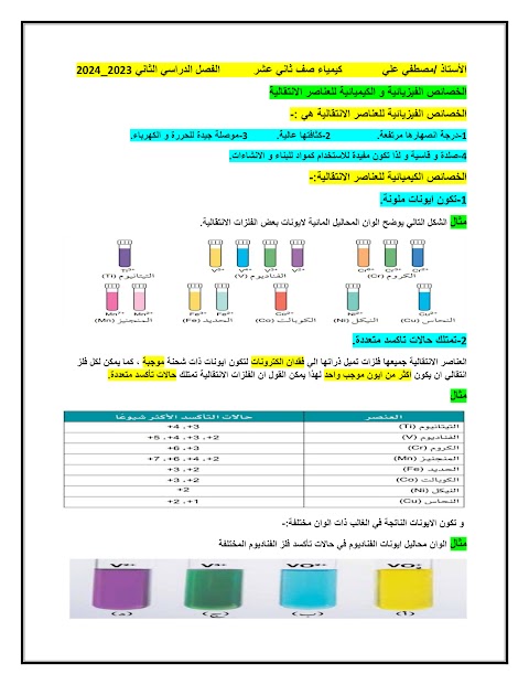 ملخص شرح الخصائص الفيزيائية والكيميائية للعناصر الانتقالية - كيمياء الصف 12 الفصل 2