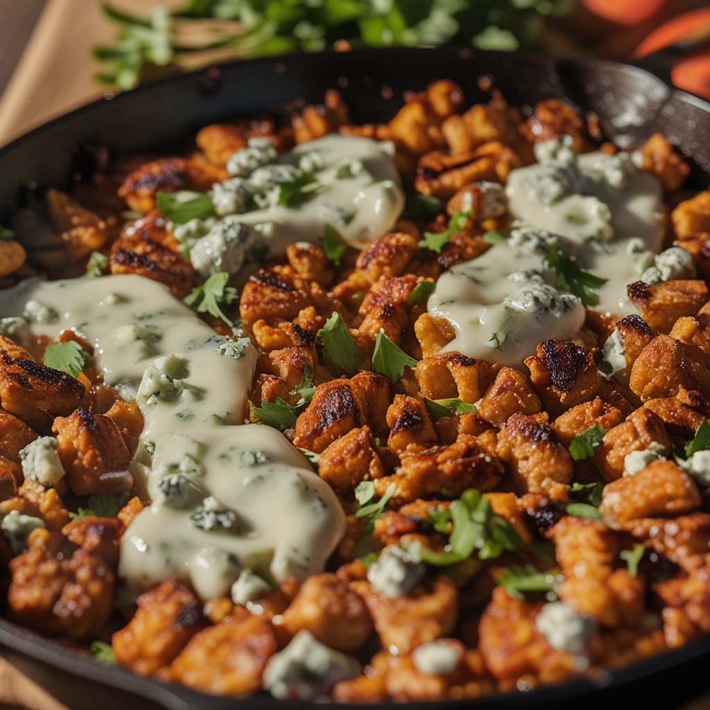 Final Buffalo Tempeh Skillet with Creamy Blue Cheese Drizzle