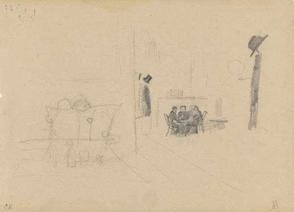 Kaféinteriør figurer rundt et bord