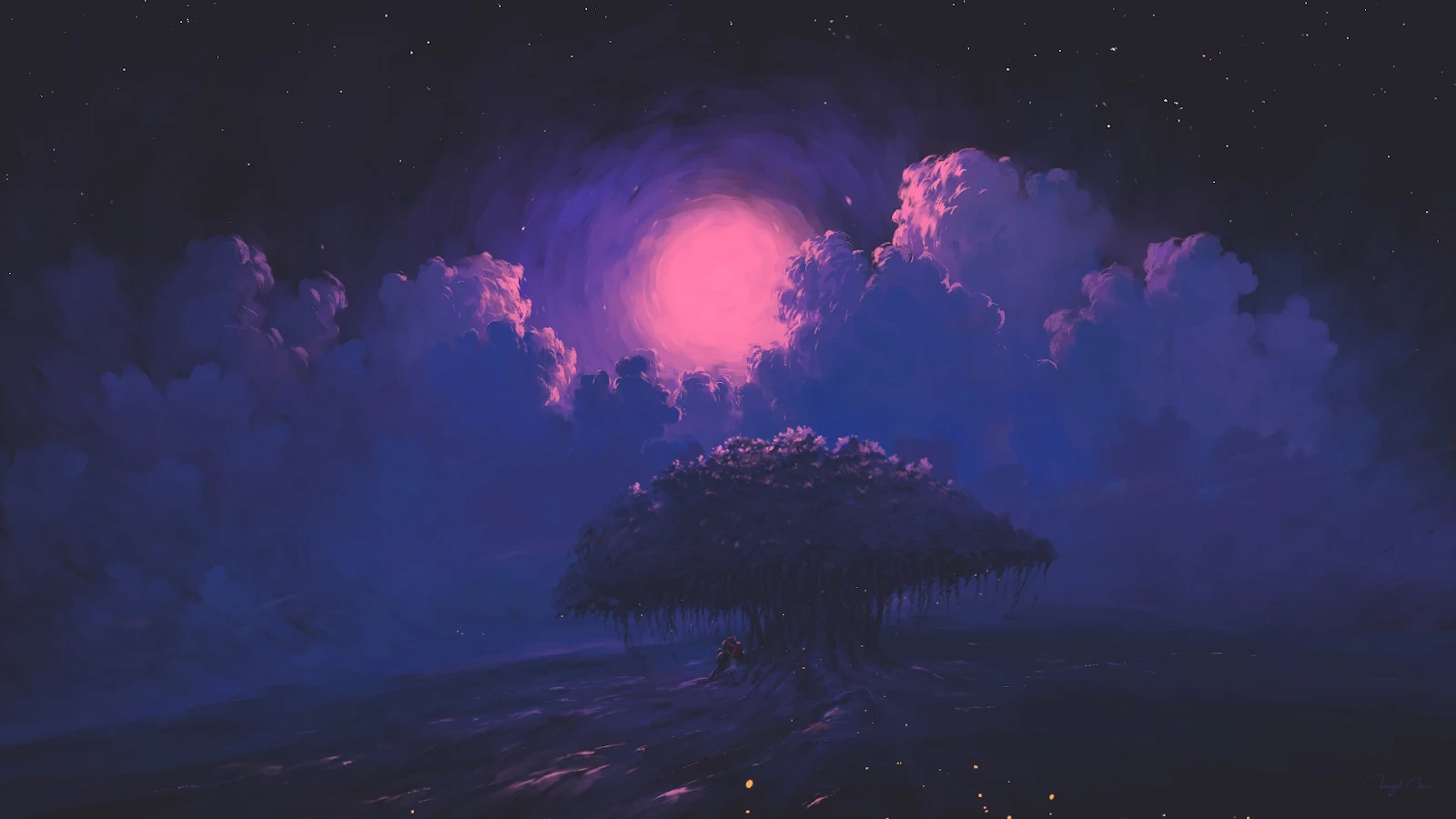 A Stunning Digital Painting, Night, Moon, Trees, Clouds Full HD Desktop and Mobile Wallpaper Background (1920x1080)