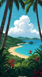 Secluded Tropical Shoreline View Framed by Palm Trunks