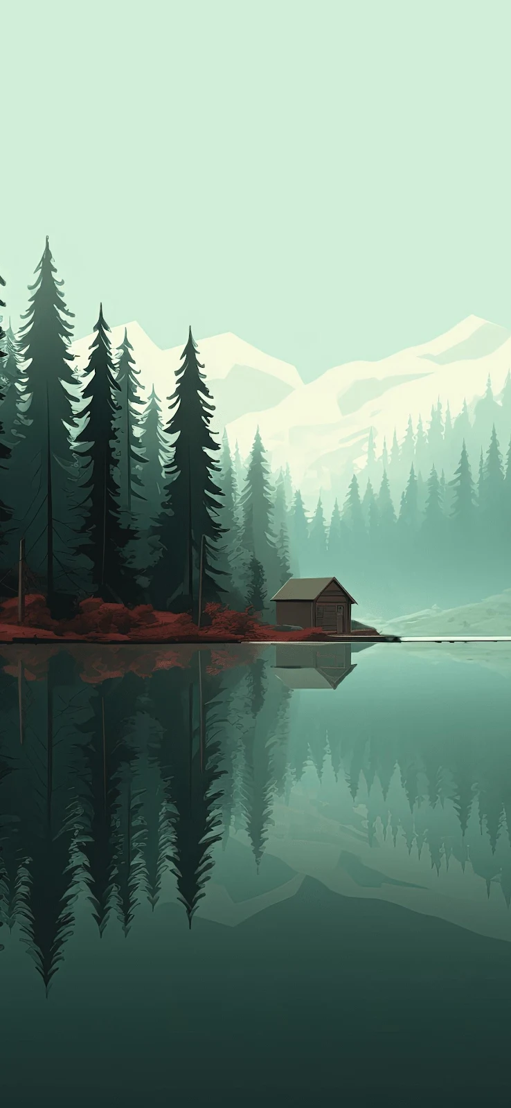 Serene Cabin On Mountain Lake - Flat Vector Illustration Full HD iPhone Wallpaper (1336x2895)