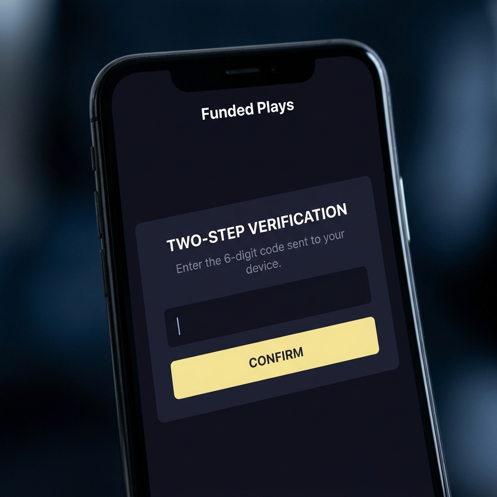 Close up of a smartphone displaying a two step authentication screen illustrating How to Prepare Before Starting a FundedPlays Challenge minimalist Funded Plays branded UI dark background and soft blur