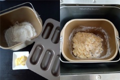 Cho bột làm bánh mì, bột mì đa dụng, men nở vào âu trộn đều bằng phới lồng. Tiếp đến cho bột, đường, muối cùng sữa, trứng (đánh tan, chừa lại khoảng 5-10g để phết bánh) vào âu và trộn đều bằng phới lồng sau đó nhấn nút khởi động máy làm bánh mì, nếu không có máy thì bạn dùng tay nhồi cho đến khi thành khối dẻo mịn.