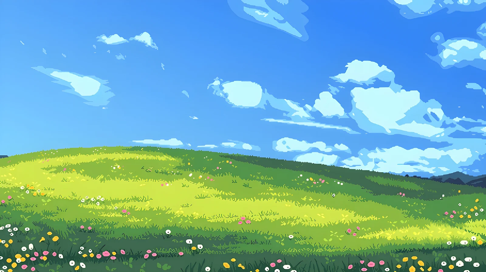 Vibrant Flower Meadow Under Blue Sky - Anime Background Art 4K Wallpaper (4096x2300)
