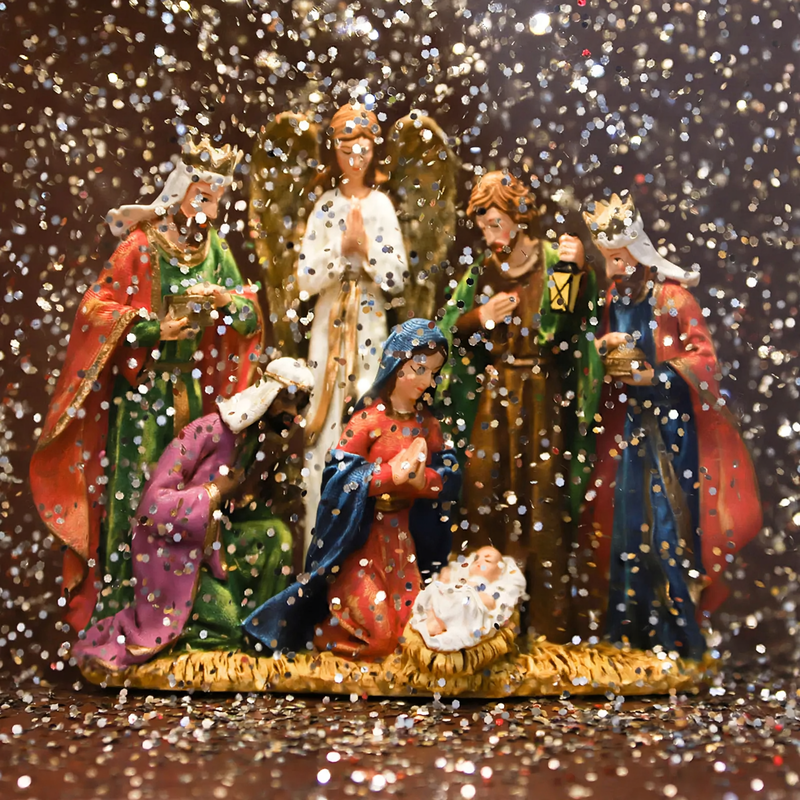 Weihnachtliche Krippen-Spieluhr mit Schneeeffekt
