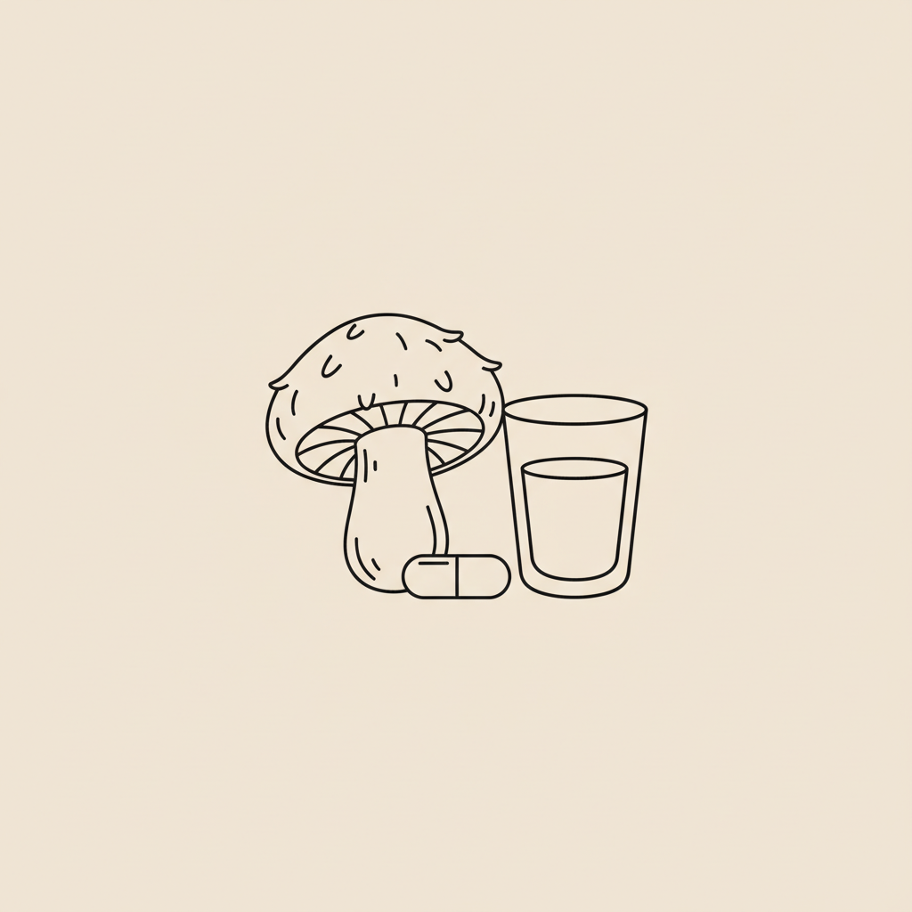 Minimal line-art of a lion's mane mushroom cap, a capsule, and a water glass on beige background, representing lion's mane for brain fog