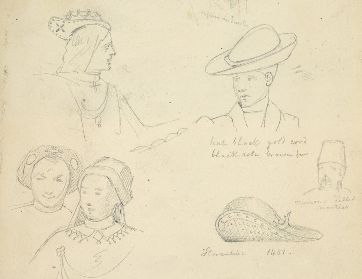 Various male and female heads in hats 1840