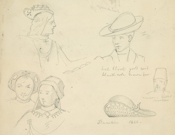 Various male and female heads in hats 1840