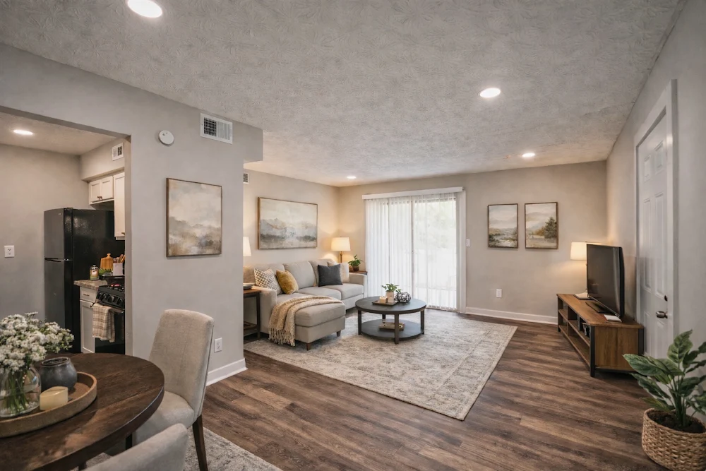 Staged one-bedroom living room at The Langston
