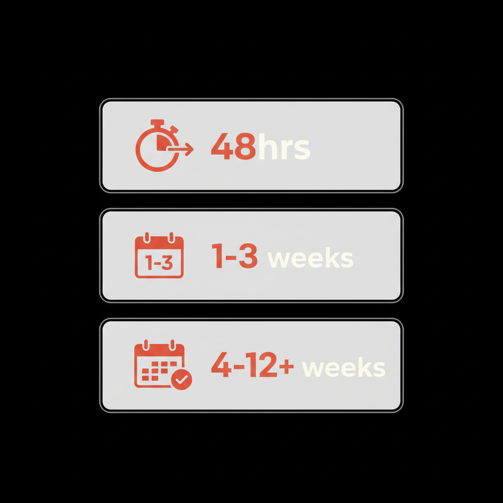 Minimal full-frame infographic of three stacked cards labeled "48hrs", "1-3 weeks", "4-12+ weeks" with matching vector icons in brand colors, showing a timeline for a bad review removed from Google.