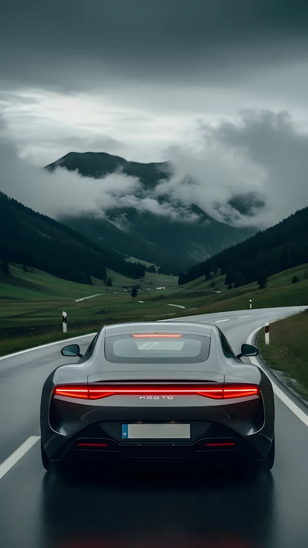 Dark Sports Car on Mountain Road Under Cloudy Sky
