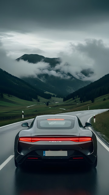 Dark Sports Car on Mountain Road Under Cloudy Sky - Free mobile Wallpaper