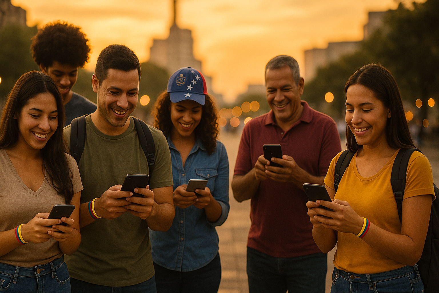 Venezolanos en el exterior conectados por sus teléfonos en una plaza, unidos y optimistas
