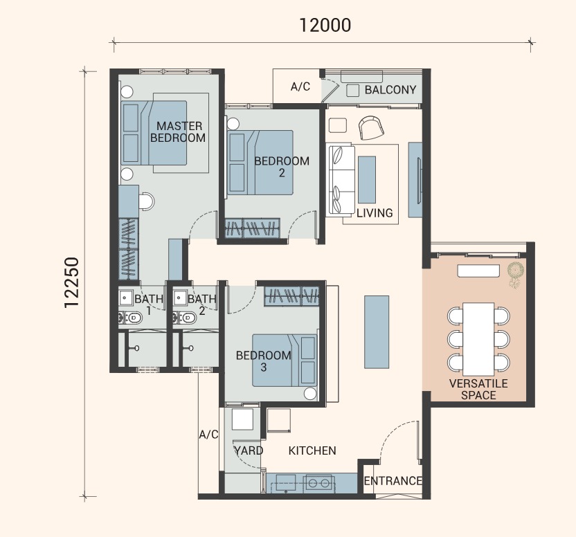 Veridian Type B1 floor plan — 1125 sq ft, 3 bedrooms