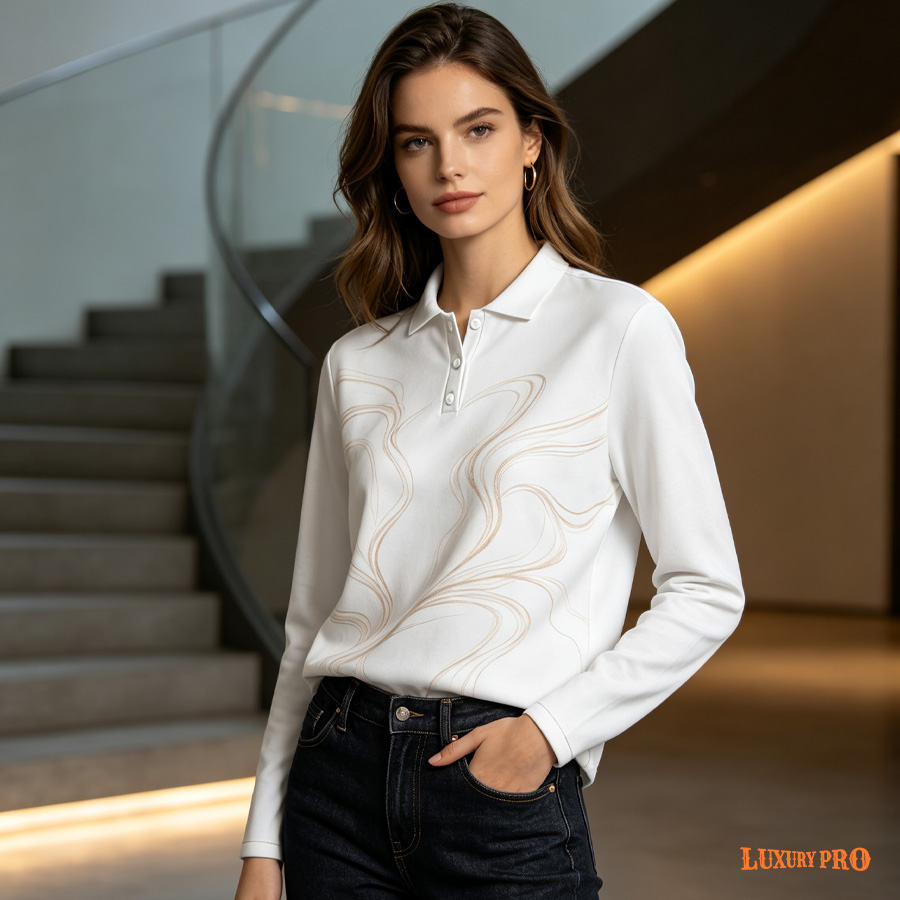 AOP CHN Pearl Button Long Sleeve Polo Shirt