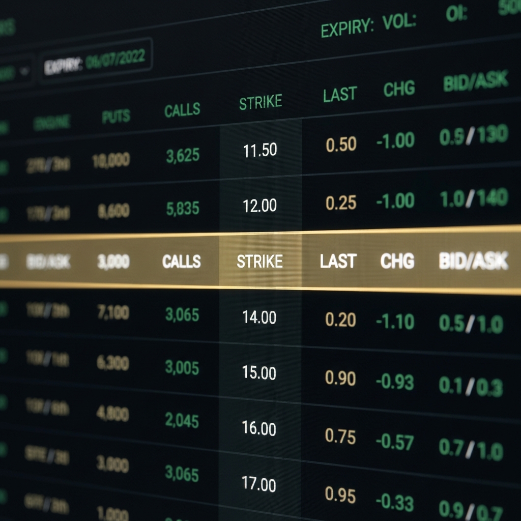 Close up of trading screen showing an options chain with one strike highlighted in gold accent on a dark minimalist background trade options for beginners
