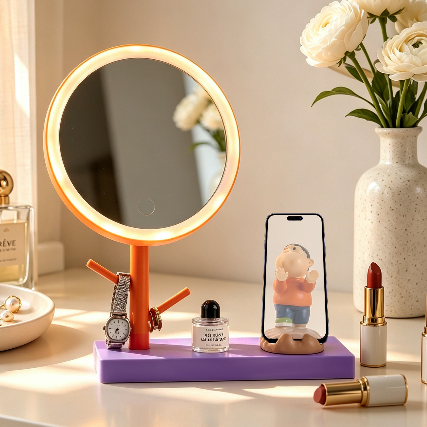 LED Makeup Mirror with Stand and Phone Holder