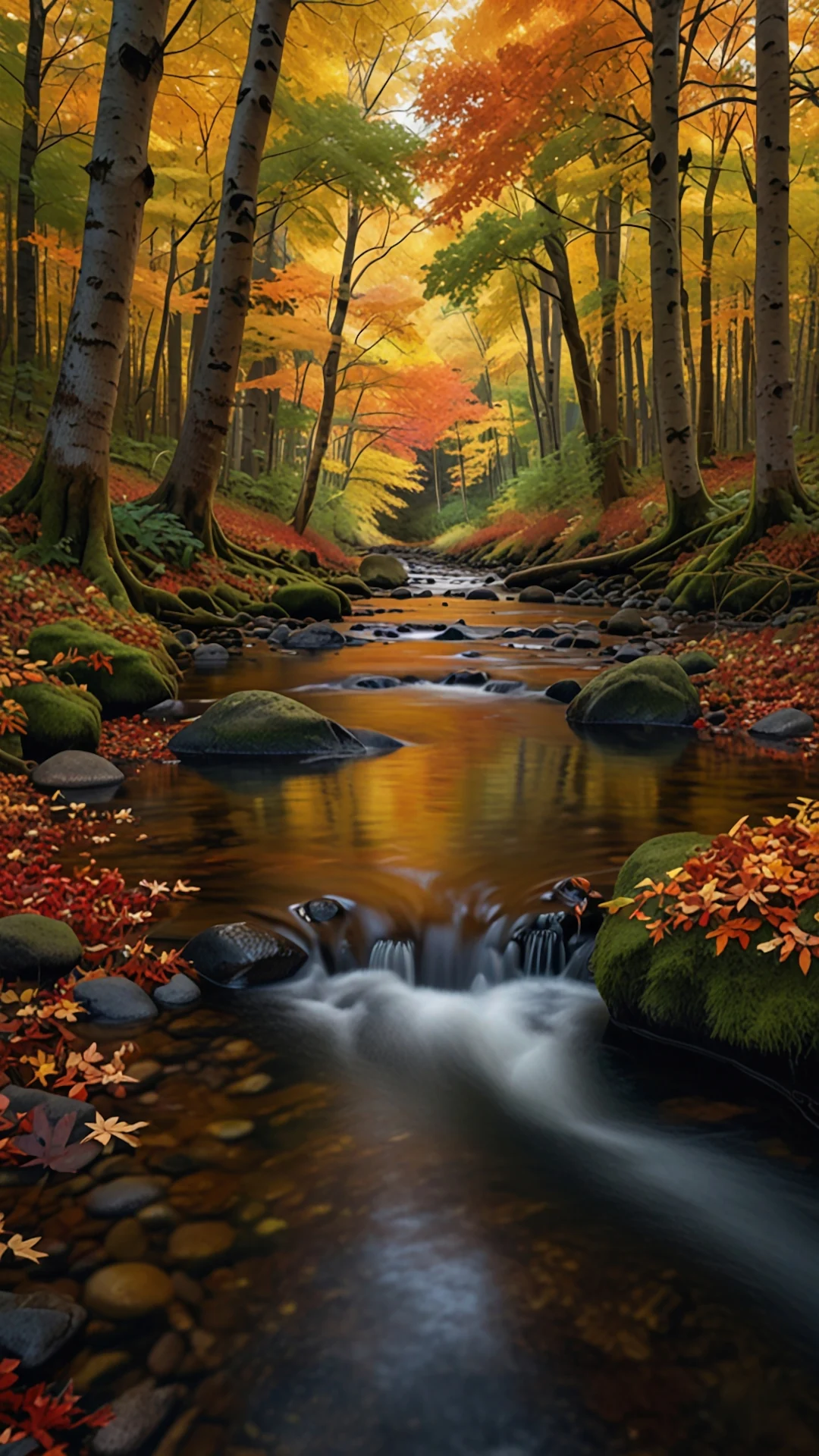 Vibrant Autumn Forest Stream Cascading Over Mossy Rocks - Free 4K mobile Wallpaper