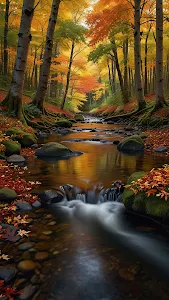 Vibrant Autumn Forest Stream Cascading Over Mossy Rocks