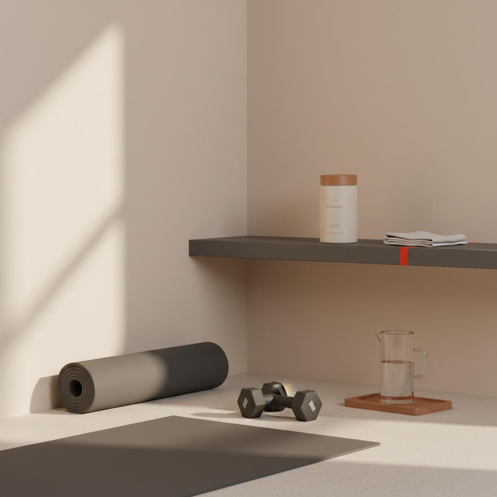 Minimalist home gym corner with yoga mat, dumbbells, water carafe and Tonum Motus supplement on a shelf, evoking routines to increase metabolic rate.