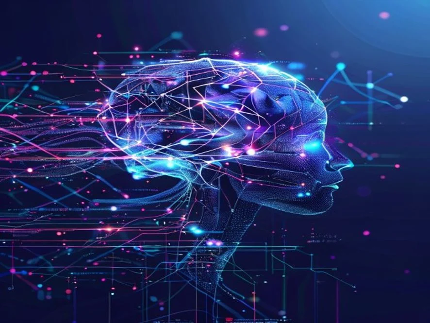 텍스트, 이미지, 음성 데이터를 함께 처리하는 2025년의 진화된 멀티모달 AI 기술을 추상적으로 시각화한 푸른빛의 디지털 신경망 일러스트