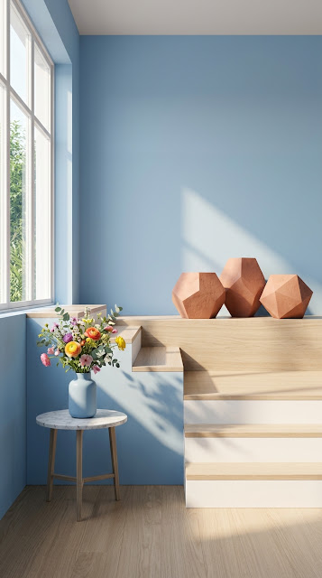 Minimalist Powder Blue Room with Terracotta Geometric Sculptures - Free mobile Wallpaper