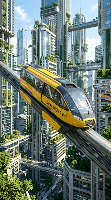Futuristic Yellow Monorail Train in Sci-Fi City - Free mobile Wallpaper