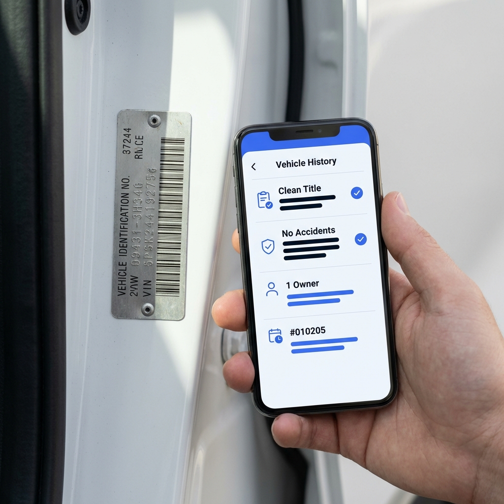 Close up of a vehicle VIN plate and a person holding a smartphone showing a vehicle history report summary for jeeps for sale in a clean white CarFax Deals style