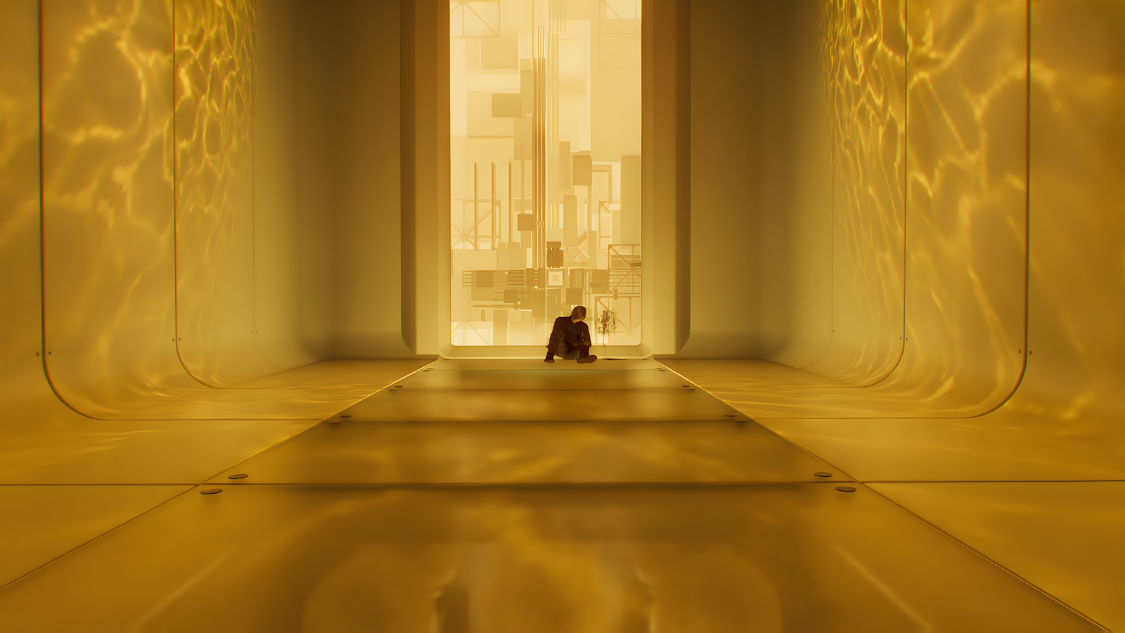 Futuristic Golden Room Interior - 3D Digital Art 4K Wallpaper (3840x2160)