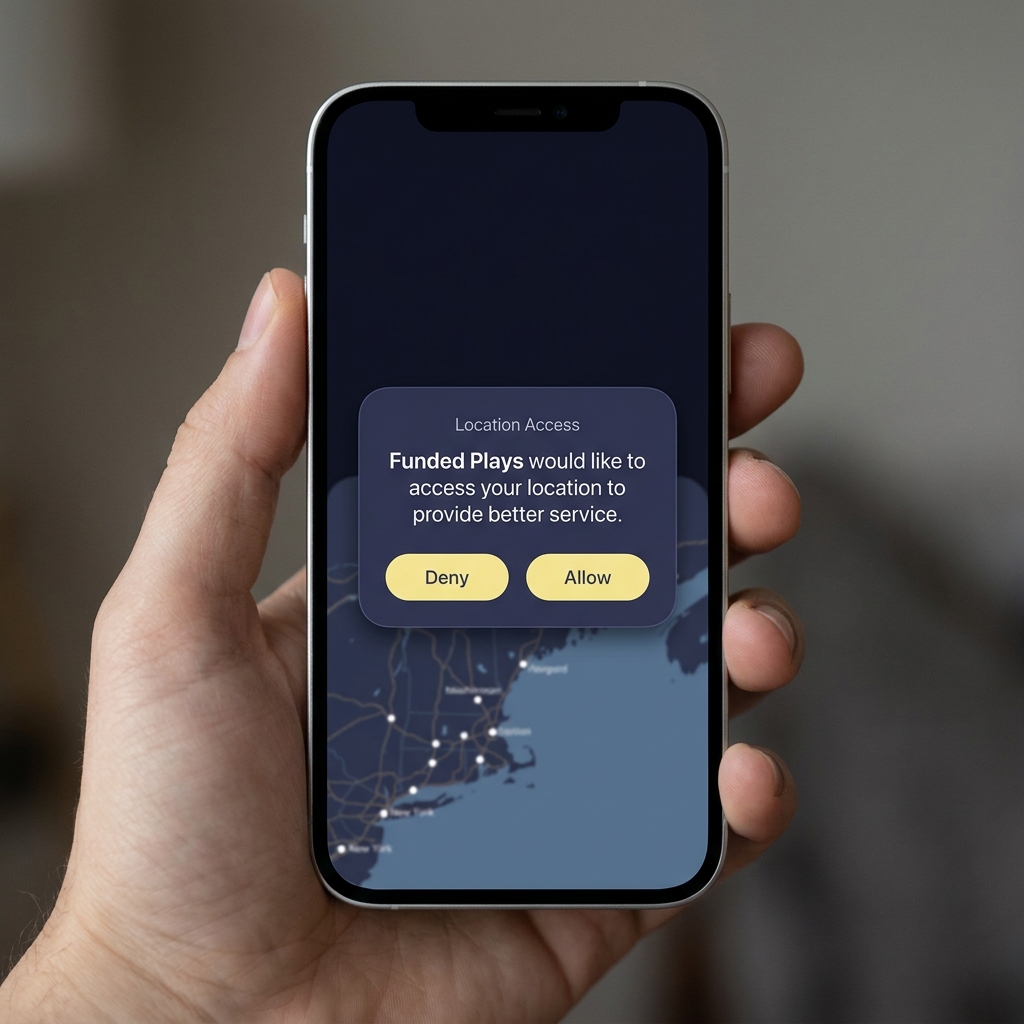 Smartphone close up showing minimal geolocation permission modal over a blurred map of New England focused on app UI for vt sports betting clean Funded Plays brand styling