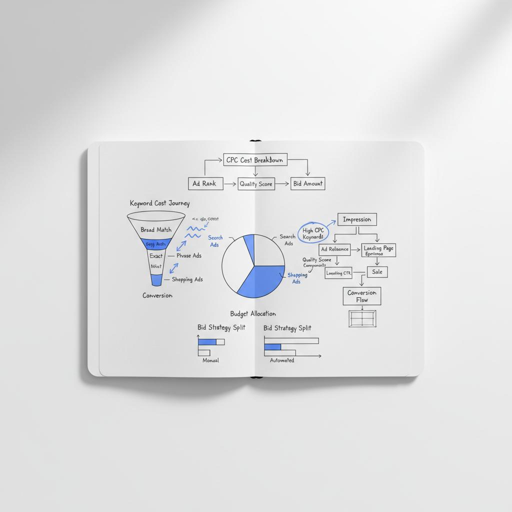 Top-down open notebook with hand-drawn PPC diagrams&mdash;keyword funnels, conversion flow, landing page wireframe and cost breakdown in Agency Visible colors; why is ppc expensive