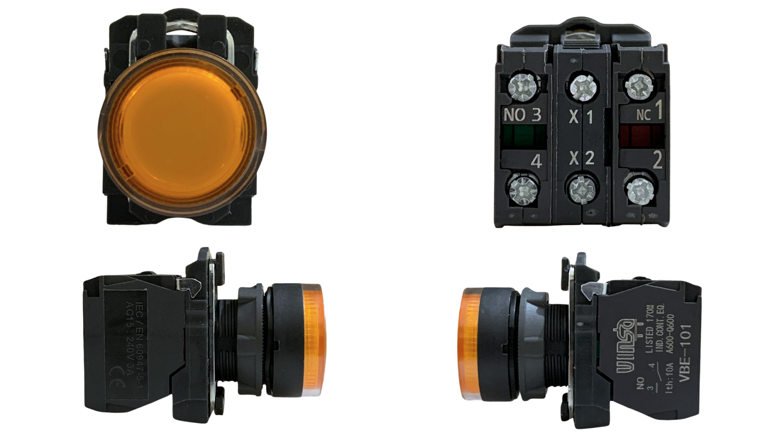 Illuminated Push Button 220VAC Protected LEDs Yellow 1N/O + 1N/C