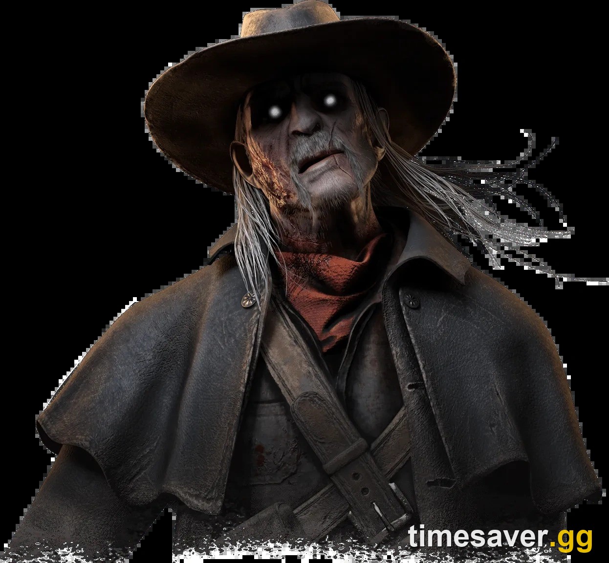 Official Dead by Daylight store render of The Deathslinger in his hat and long coat with glowing white eyes