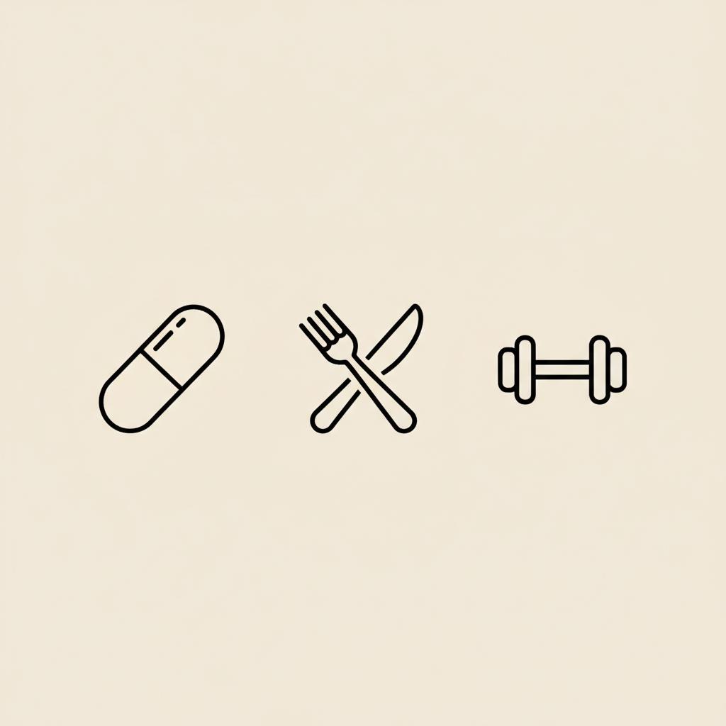 Minimal Tonum-style line illustration of a capsule, fork and knife, and a small dumbbell on a beige background — supplements that build muscle and burn fat
