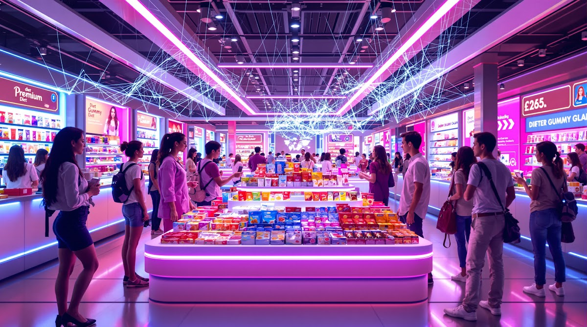 2025년 다이어트구미 시장 현황을 보여주는 그래프와 차트, 다양한 연령대의 소비자들이 다이어트구미 제품을 구입하는 모습, 글로벌 유통 채널 지도, 프리미엄 브랜드의 성장세와 미래 전망을 설명하는 인포그래픽