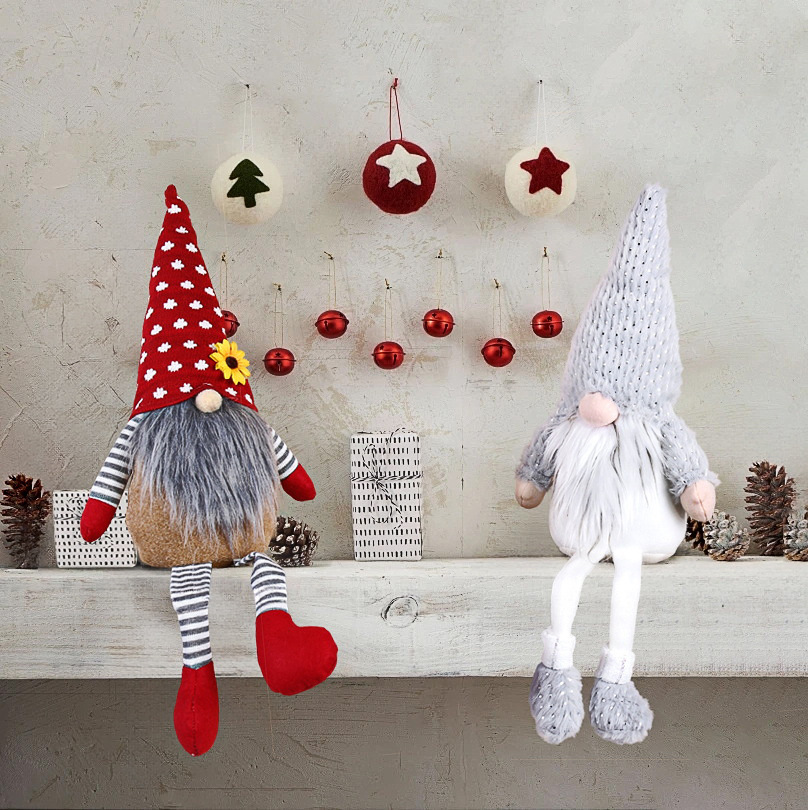 Christmas gnome figure with long legs, sitting